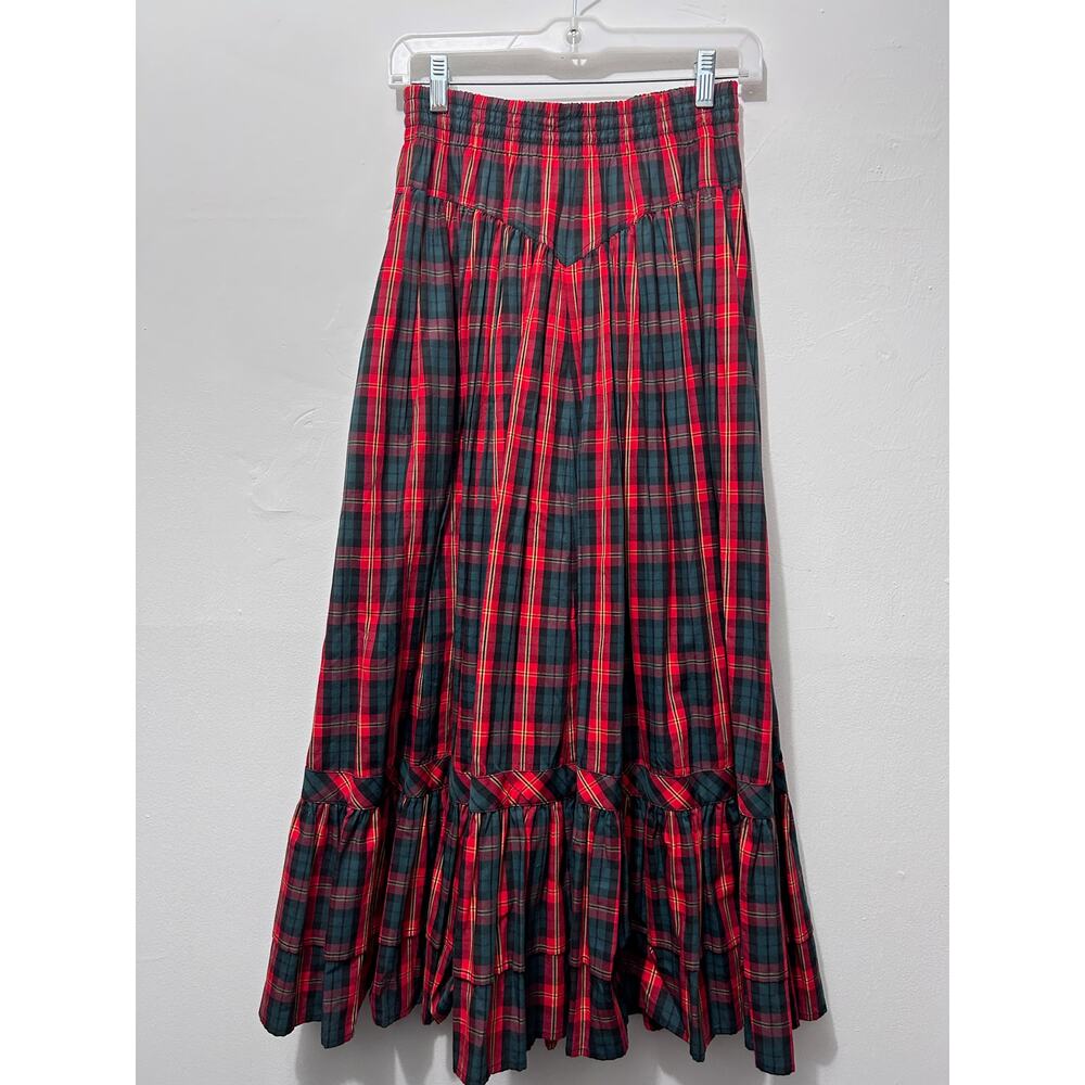 VTG 90s LizSport Red Green Plaid Maxi Skirt S Cottagecore Academia Tarten Pocket - Picture 3 of 8